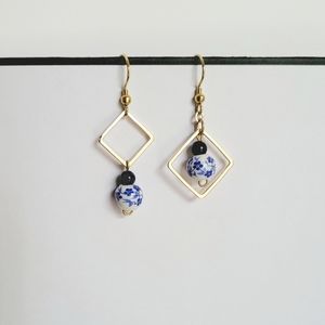 Blue White Porcelain Flower Ball Asymmetric Earrings Geometric Square Gold Drop
